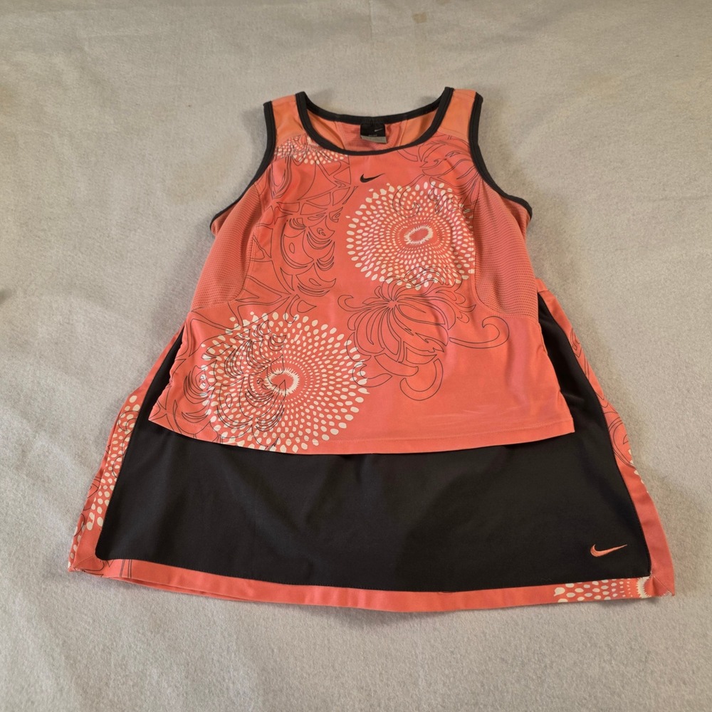 Nike Dri-FIT Womens 2pc Tennis Set Coral Pink Floral Tank Top Skort Brown Medium